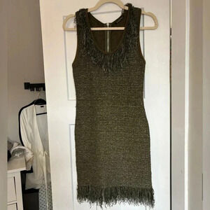 Balmain Olive Green Fringe Mini Dress S 38